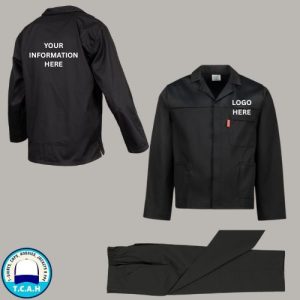 Work suit with logo front and business info back