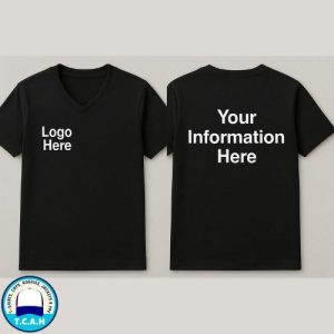 V-neck t-shirt with logo front and info on the back
